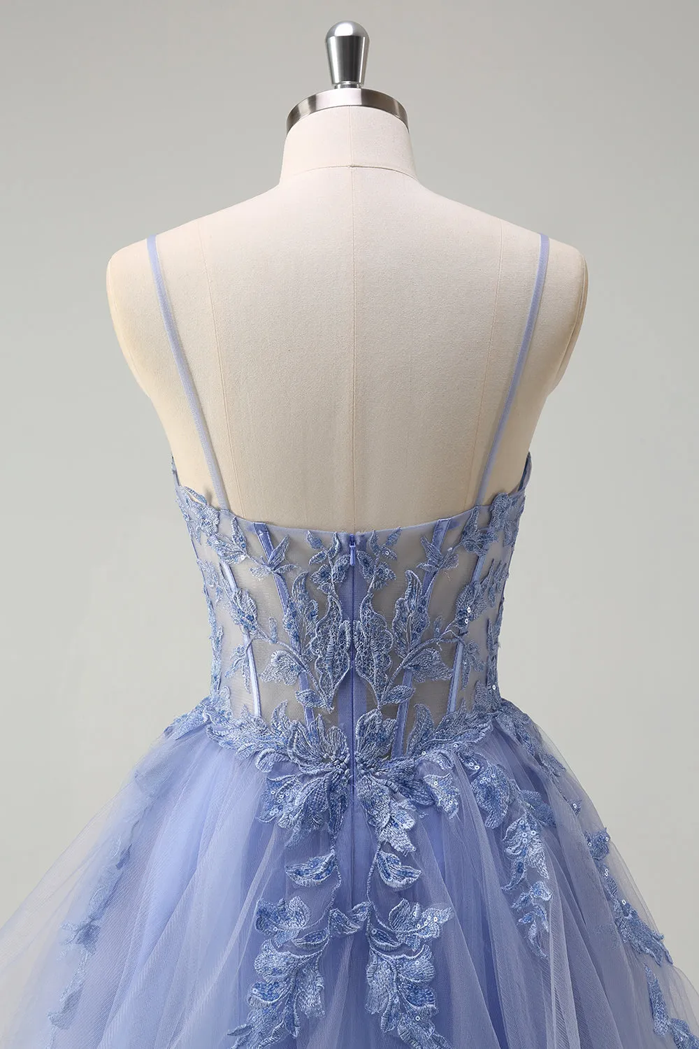 Dusty Blue A Line Spaghetti Straps Corset Spiral Ruffles Long Prom Dress sold by Zapaka product image thumbnail 5