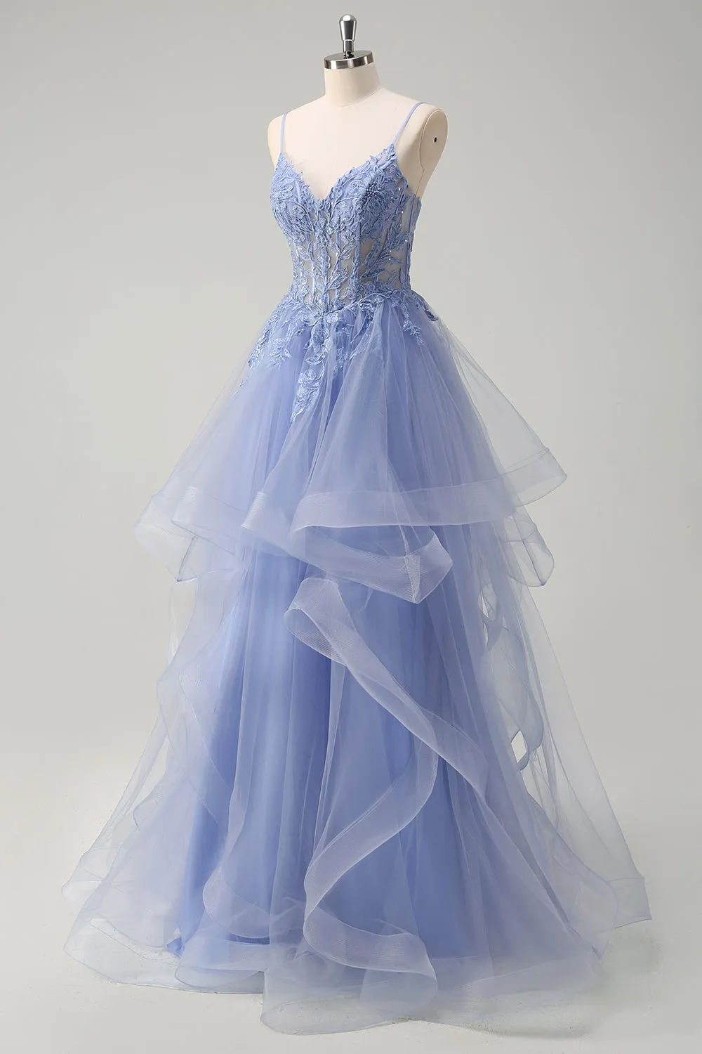 Dusty Blue A Line Spaghetti Straps Corset Spiral Ruffles Long Prom Dress sold by Zapaka product image thumbnail 3