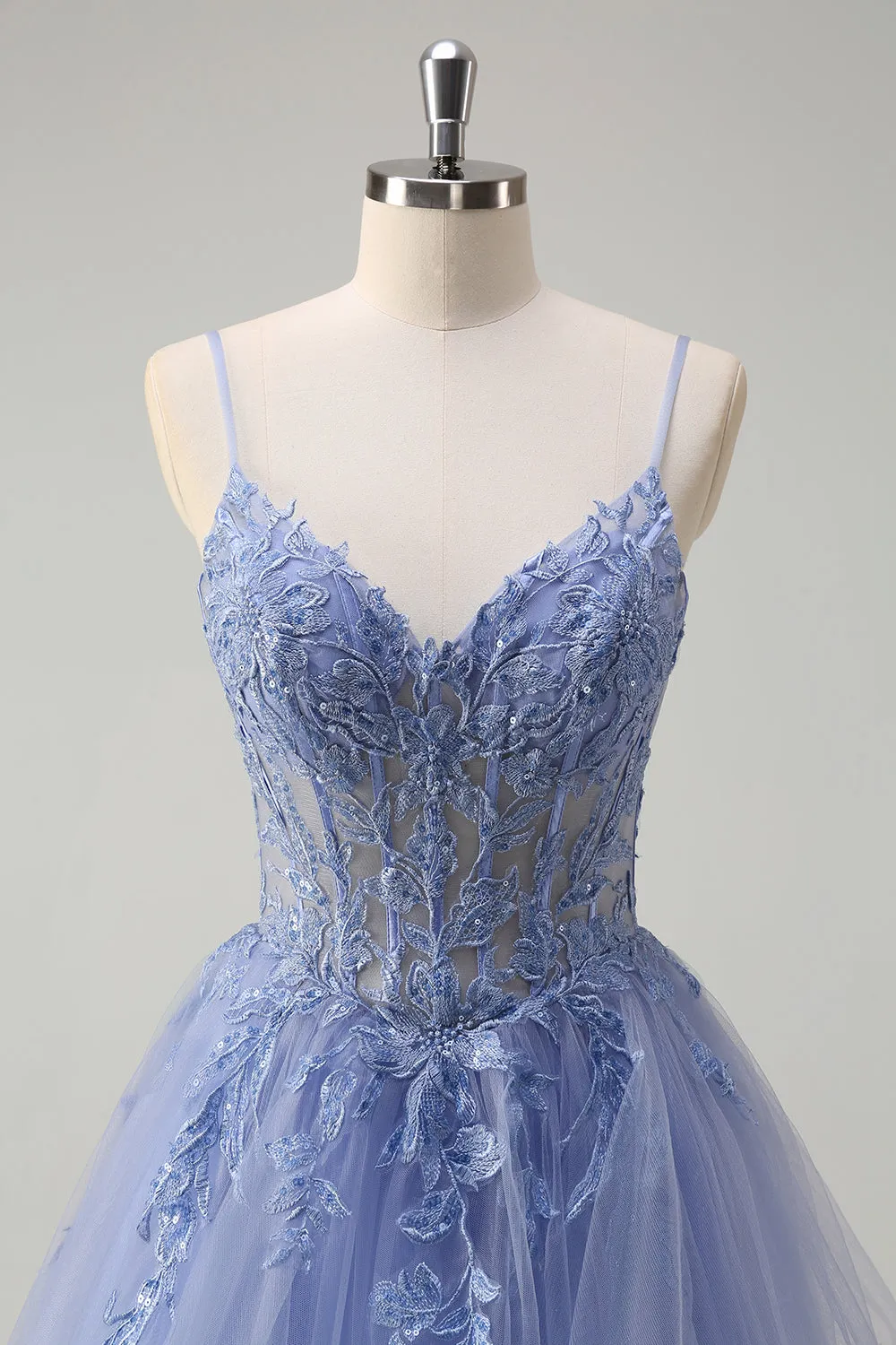 Dusty Blue A Line Spaghetti Straps Corset Spiral Ruffles Long Prom Dress sold by Zapaka product image thumbnail 4