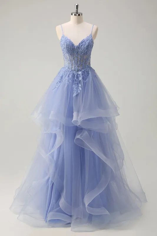 Dusty Blue A Line Spaghetti Straps Corset Spiral Ruffles Long Prom Dress sold by Zapaka