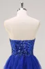 Sparkly Royal Blue A-Line Strapless Sequin Ruffles Tulle Long Prom Dress with Slit sold by Zapaka