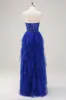 Sparkly Royal Blue A-Line Strapless Sequin Ruffles Tulle Long Prom Dress with Slit sold by Zapaka