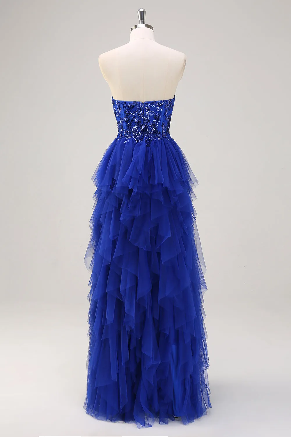 Sparkly Royal Blue A-Line Strapless Sequin Ruffles Tulle Long Prom Dress with Slit sold by Zapaka product image thumbnail 2