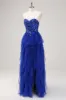 Sparkly Royal Blue A-Line Strapless Sequin Ruffles Tulle Long Prom Dress with Slit sold by Zapaka