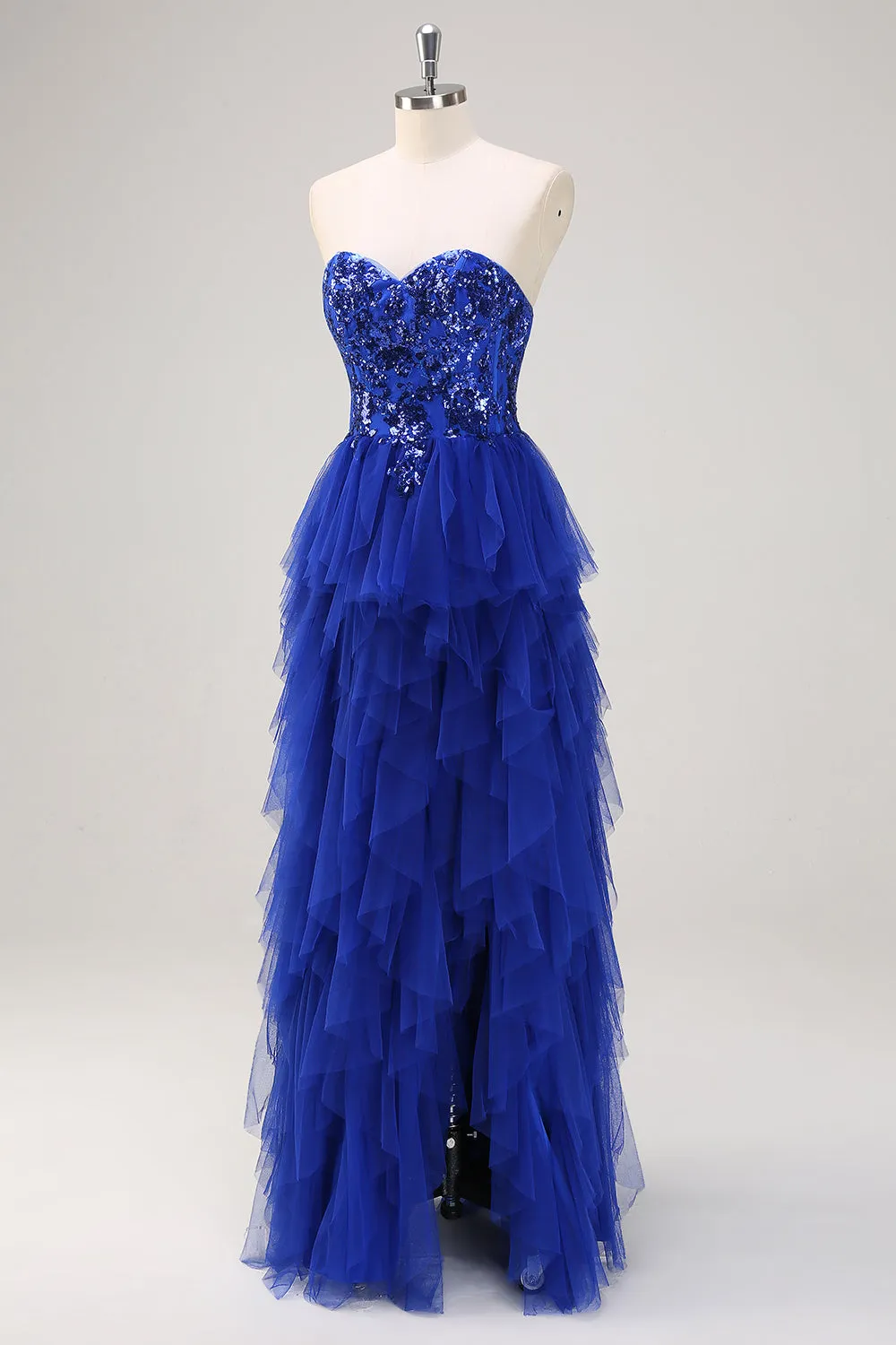 Sparkly Royal Blue A-Line Strapless Sequin Ruffles Tulle Long Prom Dress with Slit sold by Zapaka product image thumbnail 3