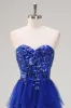 Sparkly Royal Blue A-Line Strapless Sequin Ruffles Tulle Long Prom Dress with Slit sold by Zapaka