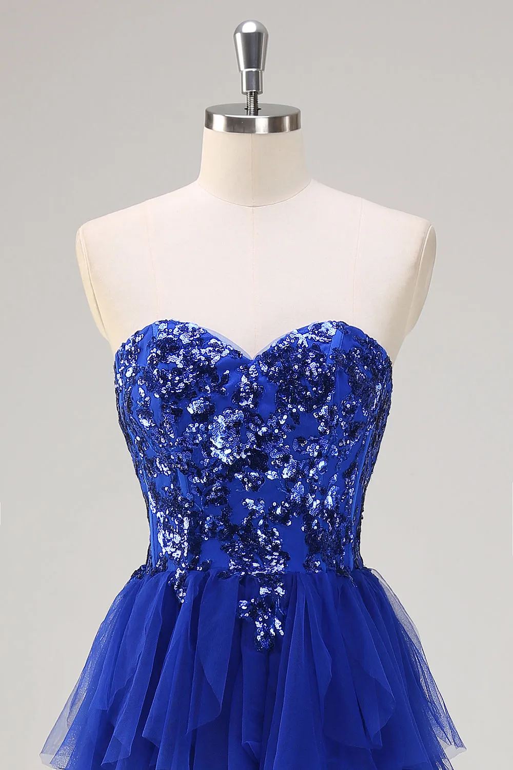 Sparkly Royal Blue A-Line Strapless Sequin Ruffles Tulle Long Prom Dress with Slit sold by Zapaka product image thumbnail 4