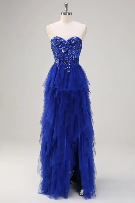 Sparkly Royal Blue A-Line Strapless Sequin Ruffles Tulle Long Prom Dress with Slit sold by Zapaka