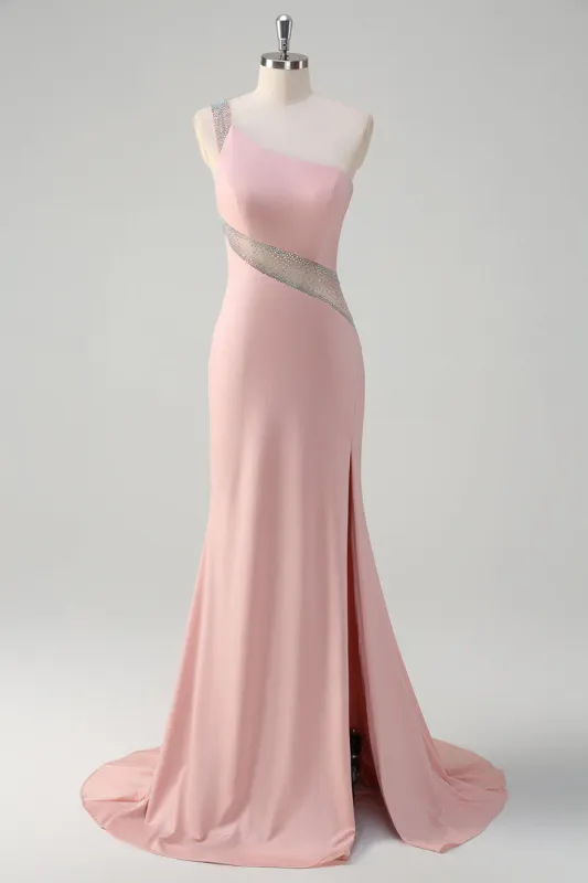 Sparkly Light Pink Mermaid One Shoulder Beaded Satin Long Prom Dress with Slit sold by Zapaka