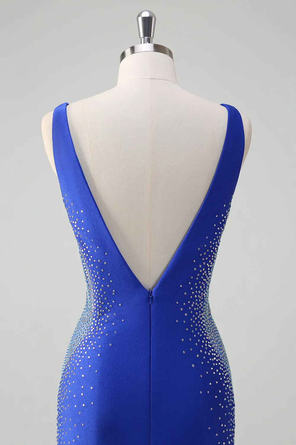 Sparkly Royal Blue Mermaid V Neck Beaded Satin Long Prom Dress sold by Zapaka product image thumbnail 5