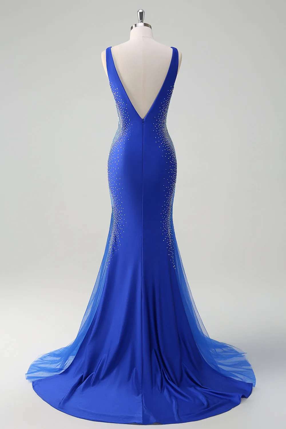 Sparkly Royal Blue Mermaid V Neck Beaded Satin Long Prom Dress sold by Zapaka product image thumbnail 2