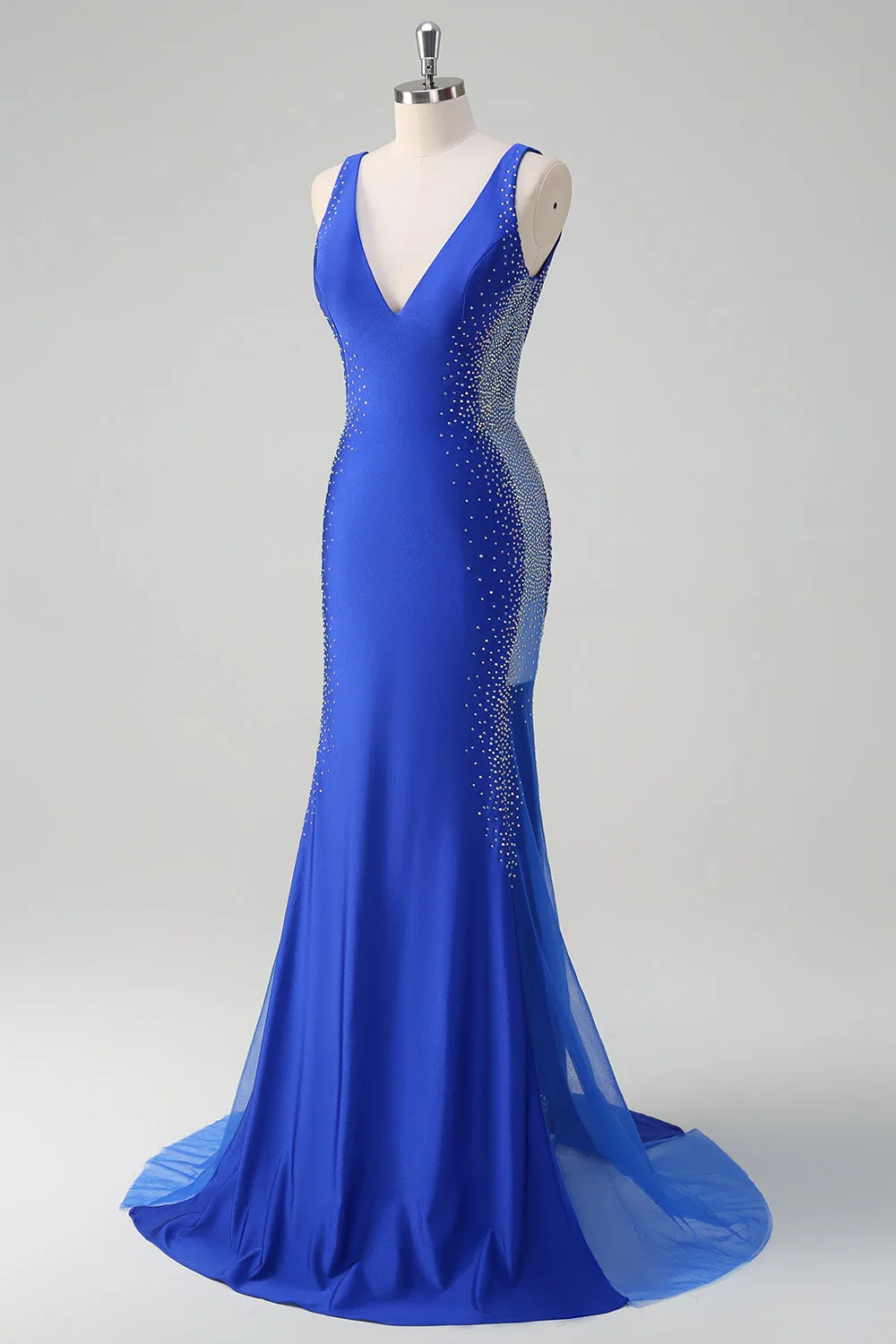 Sparkly Royal Blue Mermaid V Neck Beaded Satin Long Prom Dress sold by Zapaka product image thumbnail 3