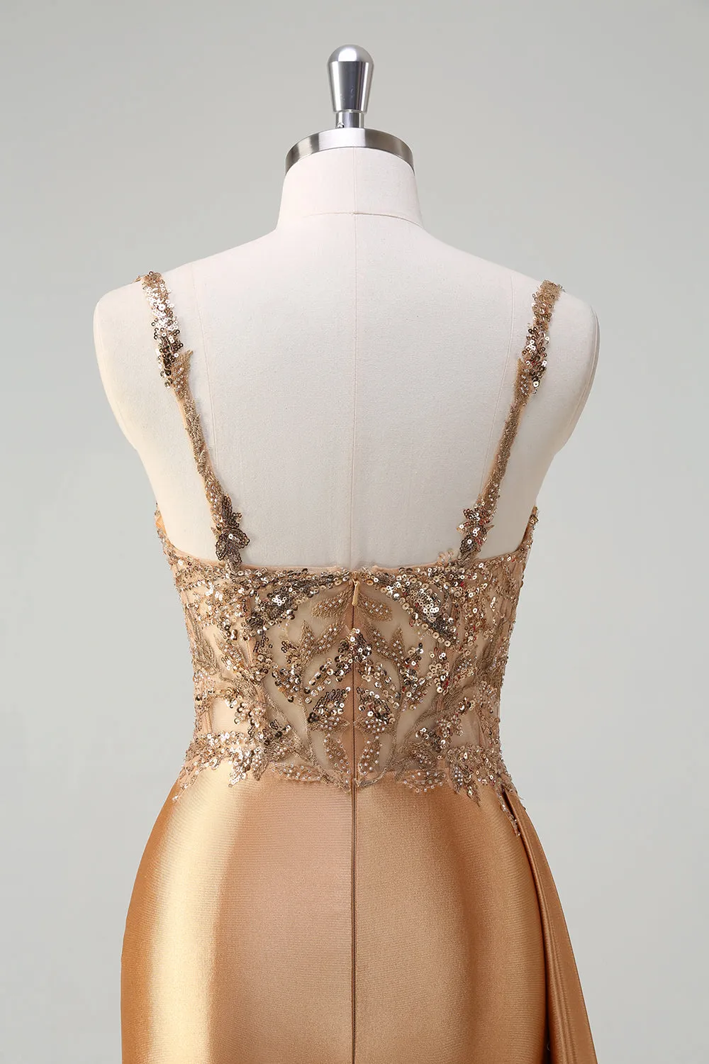 Sparkly Champagne Mermaid Watteau Train Corset Sequins Satin Prom Dress with Slit sold by Zapaka product image thumbnail 5