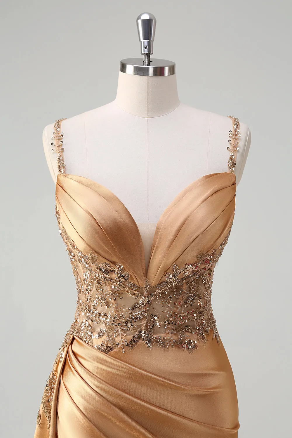 Sparkly Champagne Mermaid Watteau Train Corset Sequins Satin Prom Dress with Slit sold by Zapaka product image thumbnail 4