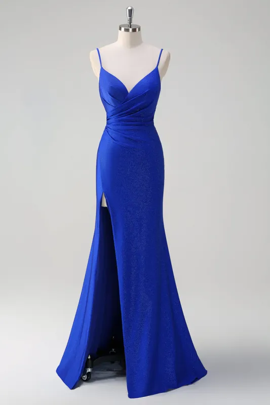 Glitter Royal Blue Mermaid Spaghetti Straps Ruched Long Prom Dress With Slit sold by Zapaka