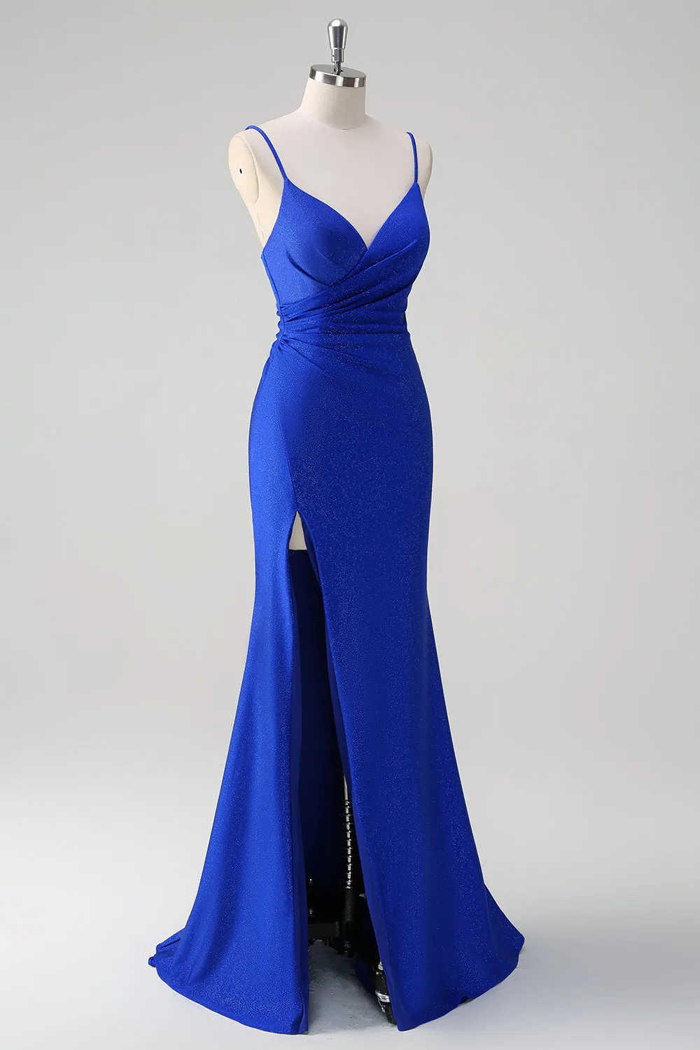 Glitter Royal Blue Mermaid Spaghetti Straps Ruched Long Prom Dress With Slit sold by Zapaka product image thumbnail 3