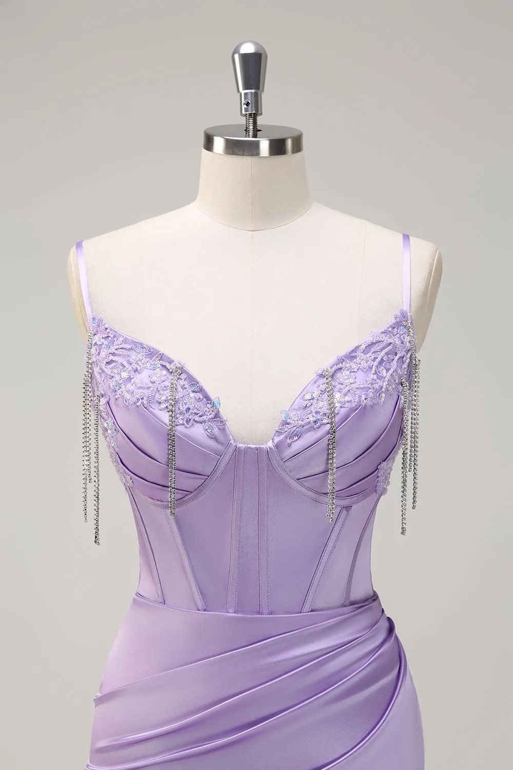Lilac Mermaid Spaghetti Straps Ruched Corset Long Prom Dress With Beading sold by Zapaka product image thumbnail 4