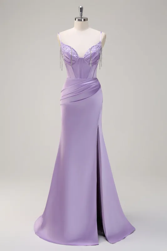 Lilac Mermaid Spaghetti Straps Ruched Corset Long Prom Dress With Beading sold by Zapaka