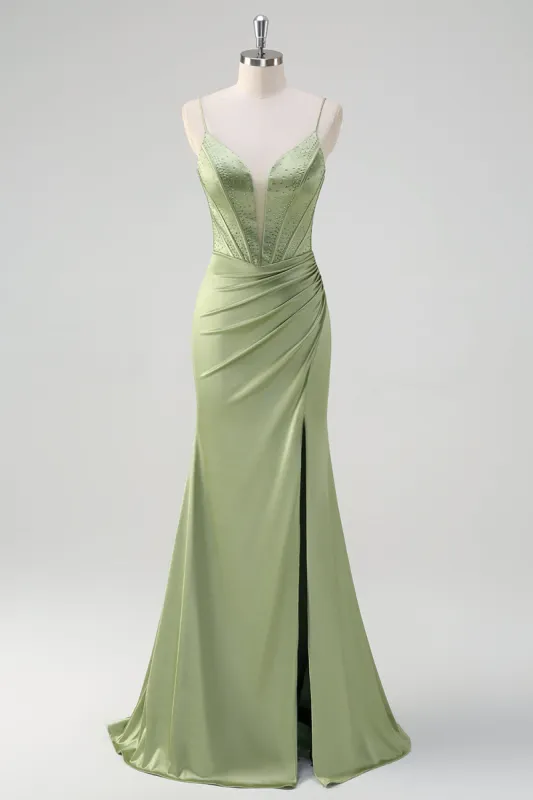 Green Mermaid Spaghetti Straps Corset Long Beaded Prom Dress With Slit sold by Zapaka