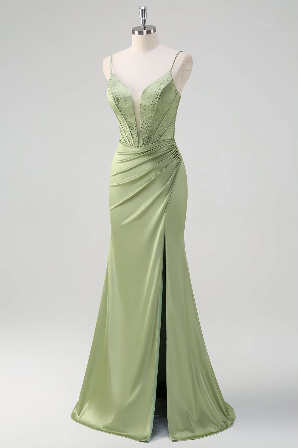 Green Mermaid Spaghetti Straps Corset Long Beaded Prom Dress With Slit sold by Zapaka product image thumbnail 3