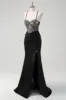 Sparkly Black Mermaid Halter Neck Beaded Long Prom Dress With Slit sold by Zapaka