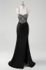 Sparkly Black Mermaid Halter Neck Beaded Long Prom Dress With Slit sold by Zapaka