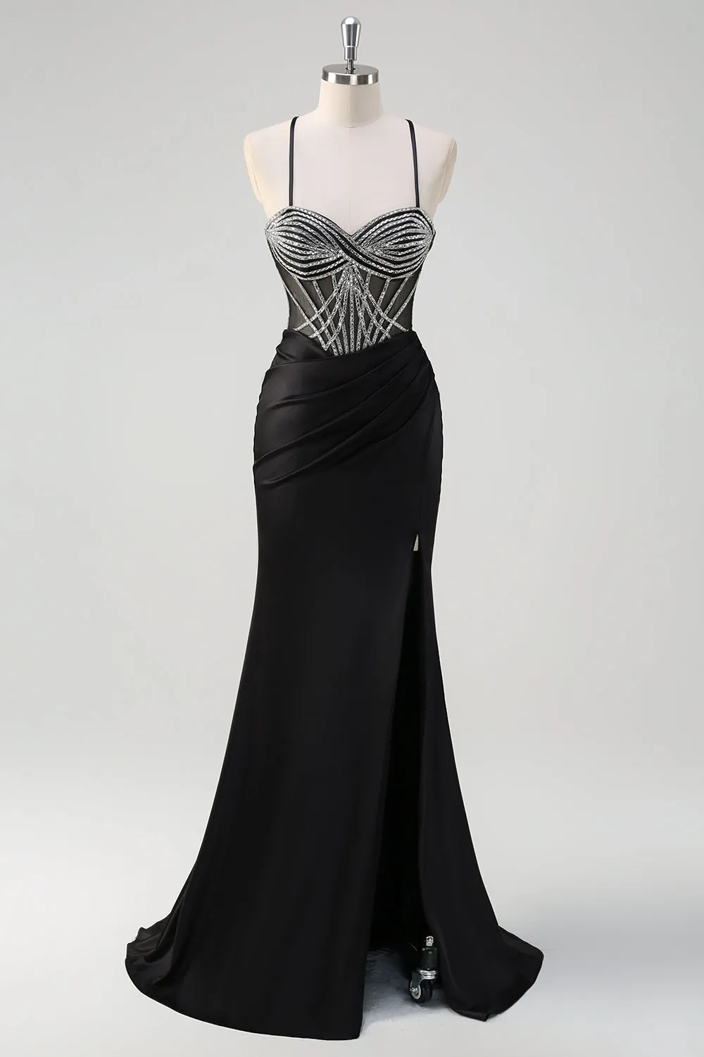 Sparkly Black Mermaid Halter Neck Beaded Long Prom Dress With Slit sold by Zapaka