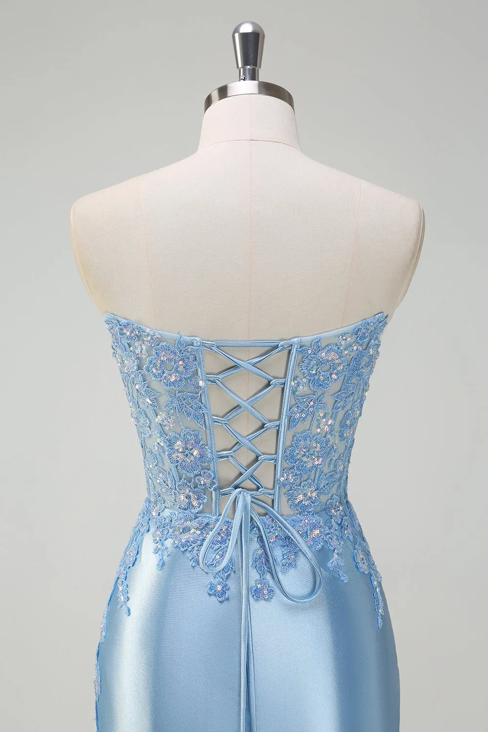 Sparkly Light Blue Mermaid Strapless Corset Sequin Satin Prom Dress with Slit sold by Zapaka product image thumbnail 5