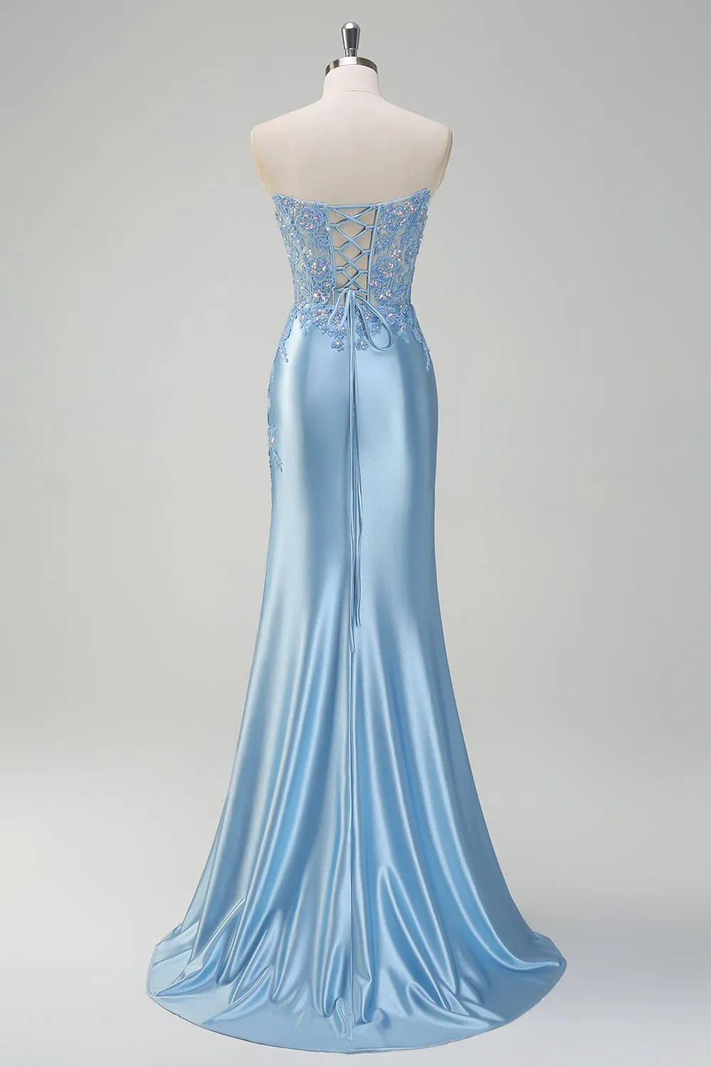 Sparkly Light Blue Mermaid Strapless Corset Sequin Satin Prom Dress with Slit sold by Zapaka product image thumbnail 2