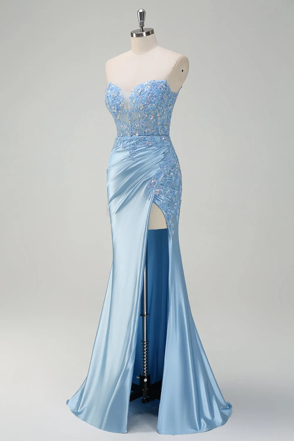 Sparkly Light Blue Mermaid Strapless Corset Sequin Satin Prom Dress with Slit sold by Zapaka product image thumbnail 3