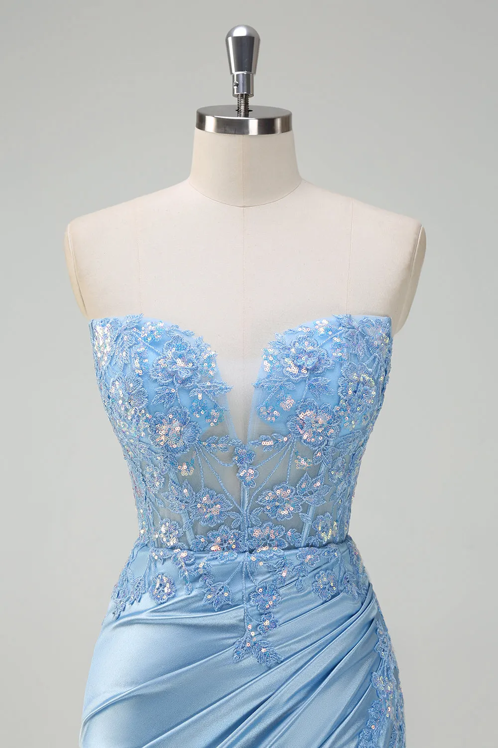 Sparkly Light Blue Mermaid Strapless Corset Sequin Satin Prom Dress with Slit sold by Zapaka product image thumbnail 4