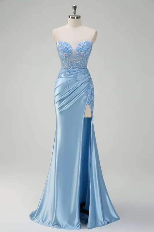 Sparkly Light Blue Mermaid Strapless Corset Sequin Satin Prom Dress with Slit sold by Zapaka