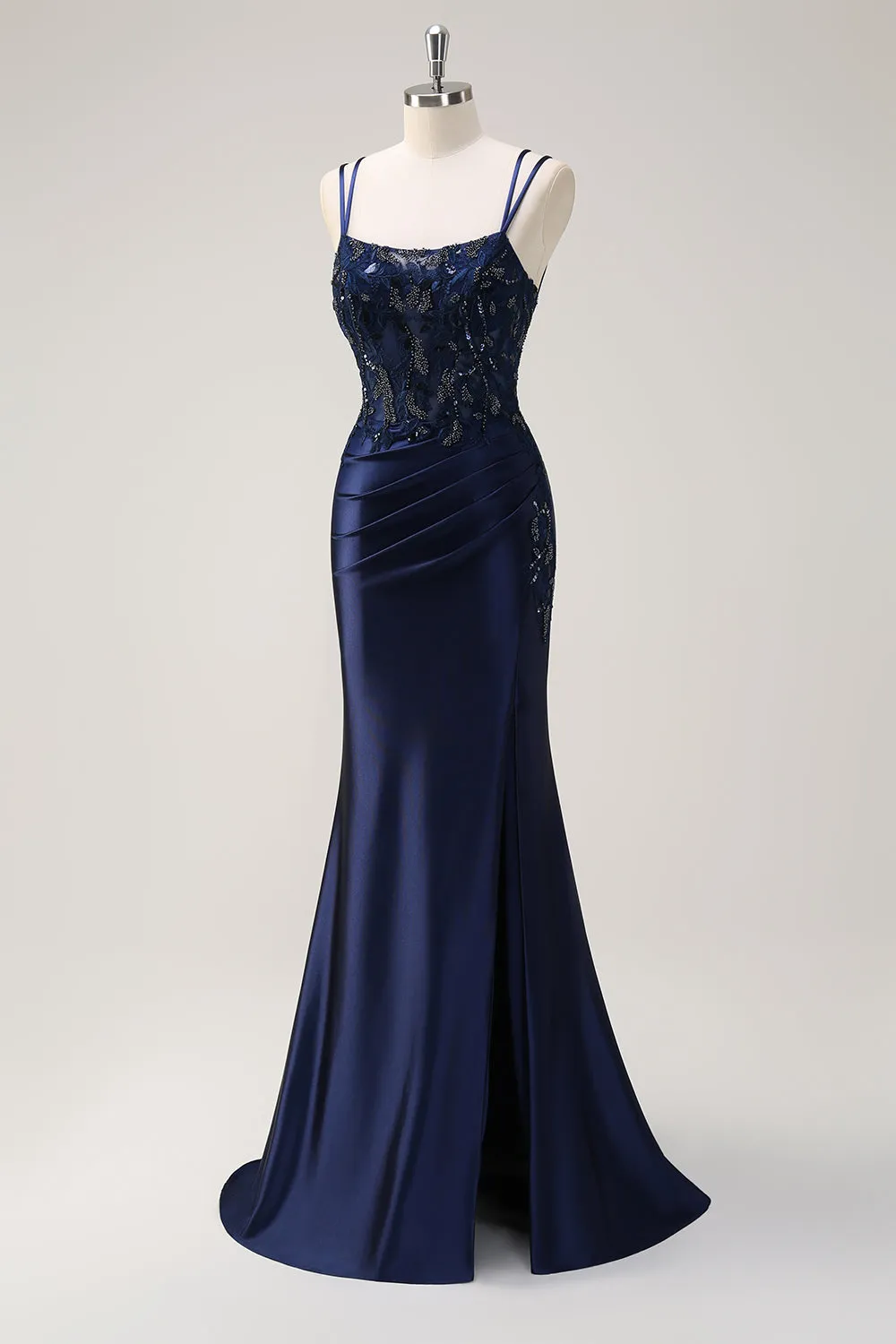 Navy Mermaid Spaghetti Straps Corset Ruched Long Prom Dress With Slit sold by Zapaka product image thumbnail 3