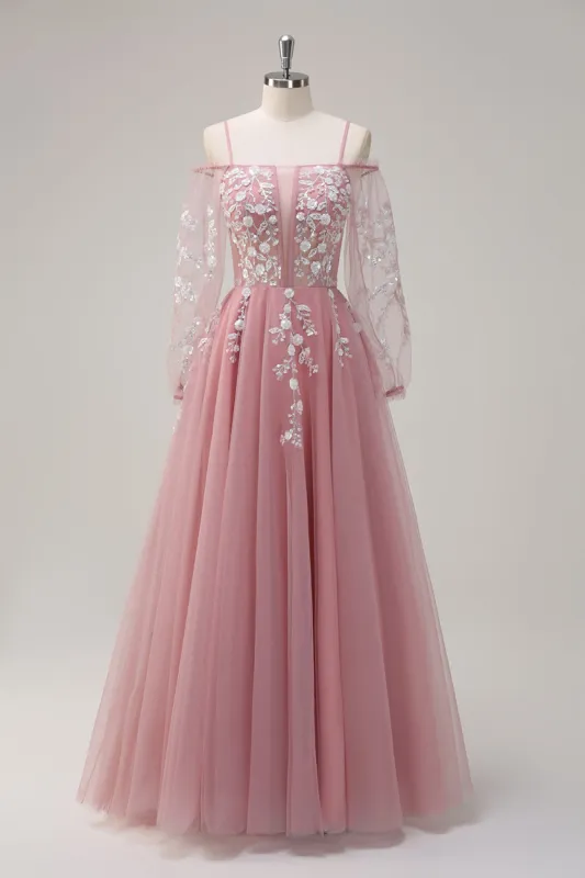 Blush Floral A Line Cold Shoulder Long Prom Dress with Long Sleeves sold by Zapaka