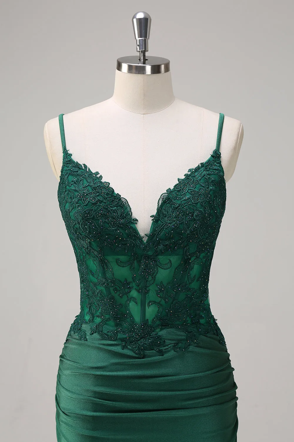 Dark Green Mermaid Spaghetti Straps Ruched Satin Long Prom Dress with Beading sold by Zapaka product image thumbnail 4