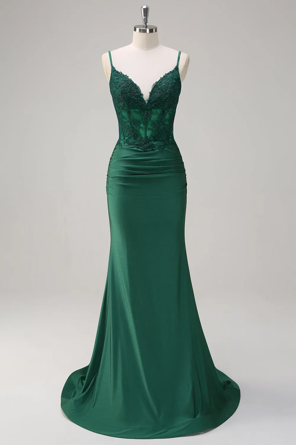 Dark Green Mermaid Spaghetti Straps Ruched Satin Long Prom Dress with Beading sold by Zapaka