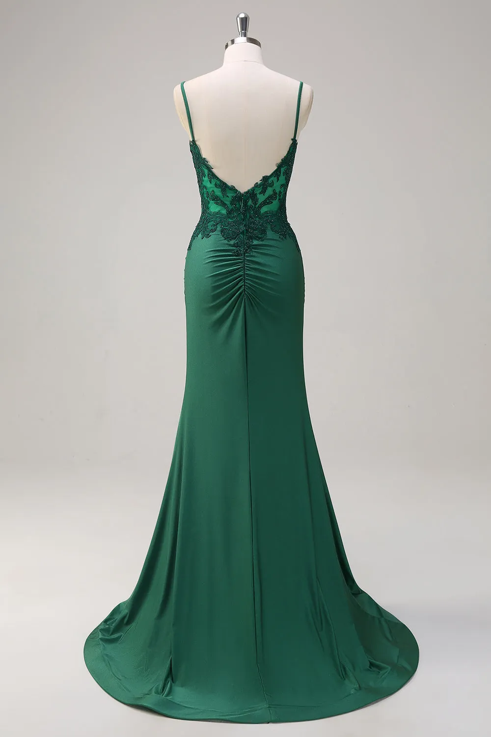 Dark Green Mermaid Spaghetti Straps Ruched Satin Long Prom Dress with Beading sold by Zapaka product image thumbnail 2