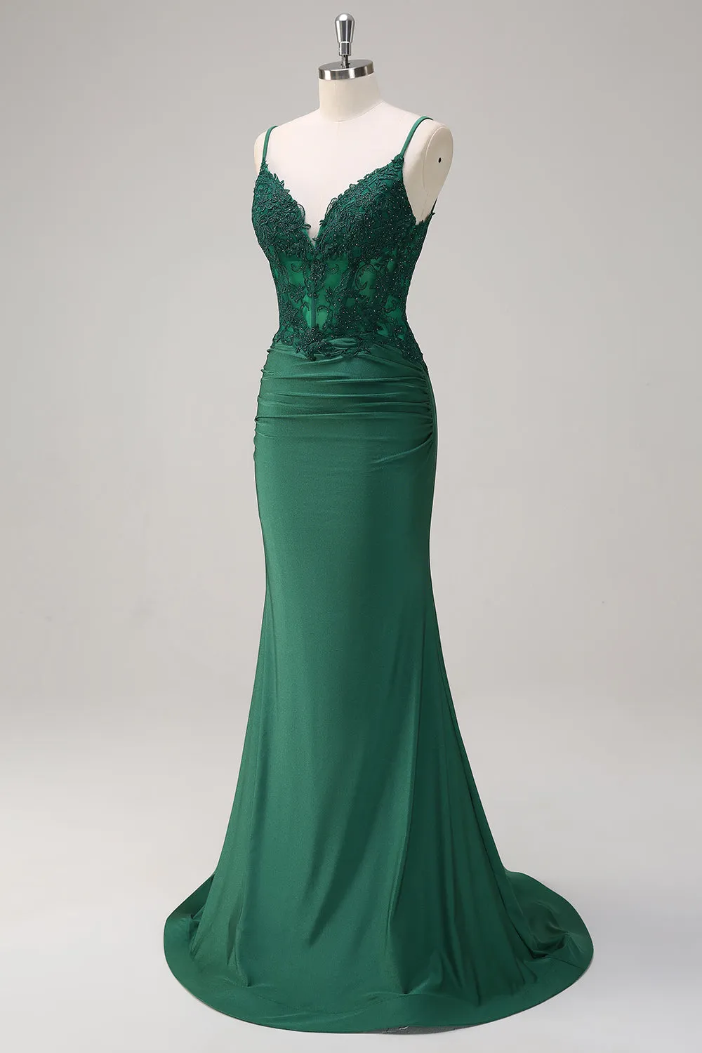 Dark Green Mermaid Spaghetti Straps Ruched Satin Long Prom Dress with Beading sold by Zapaka product image thumbnail 3