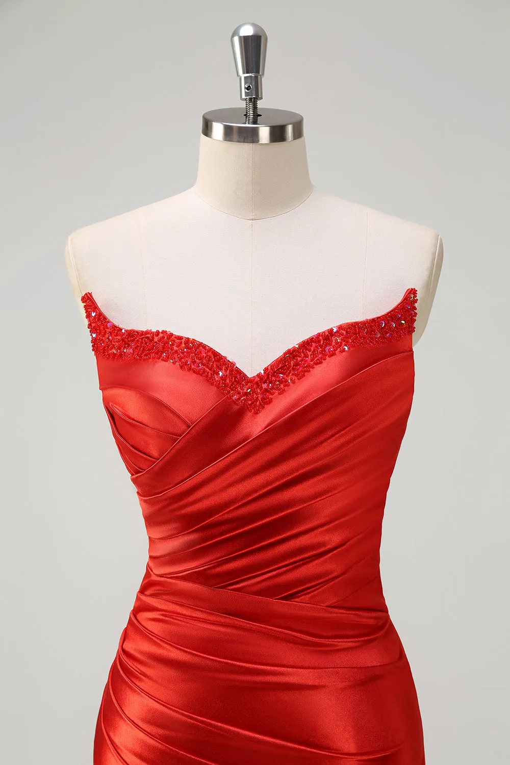 Red Mermaid Satin Strapless Pleated Sequin Long Prom Dress with Slit sold by Zapaka product image thumbnail 4