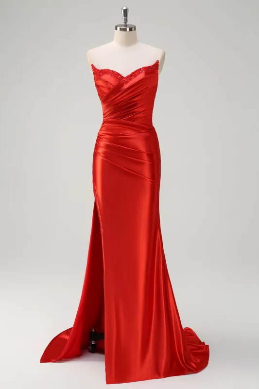 Red Mermaid Satin Strapless Pleated Sequin Long Prom Dress with Slit sold by Zapaka