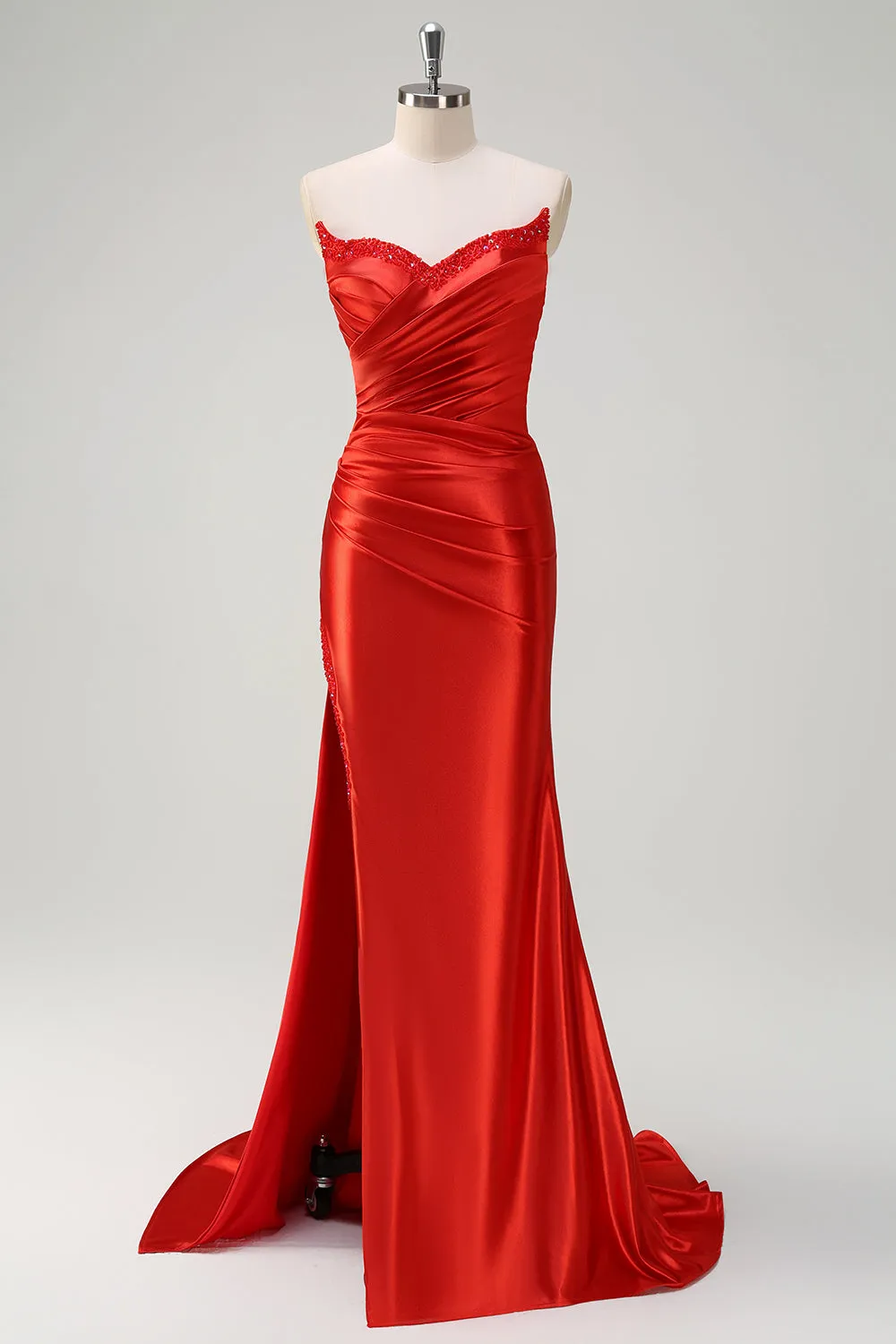Red Mermaid Satin Strapless Pleated Sequin Long Prom Dress with Slit sold by Zapaka