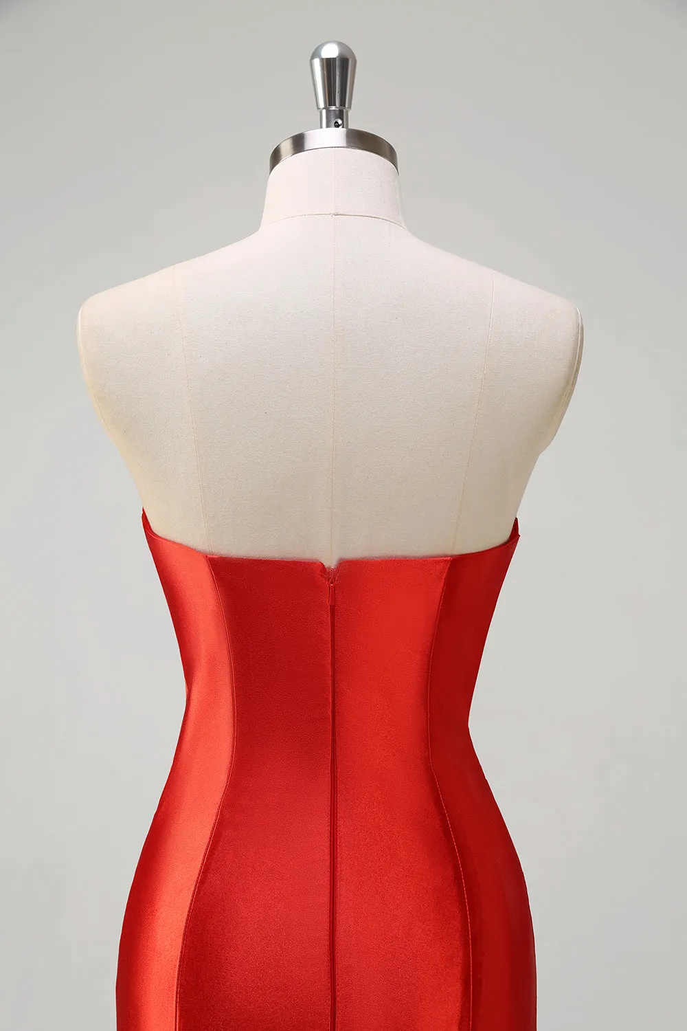 Red Mermaid Satin Strapless Pleated Sequin Long Prom Dress with Slit sold by Zapaka product image thumbnail 5