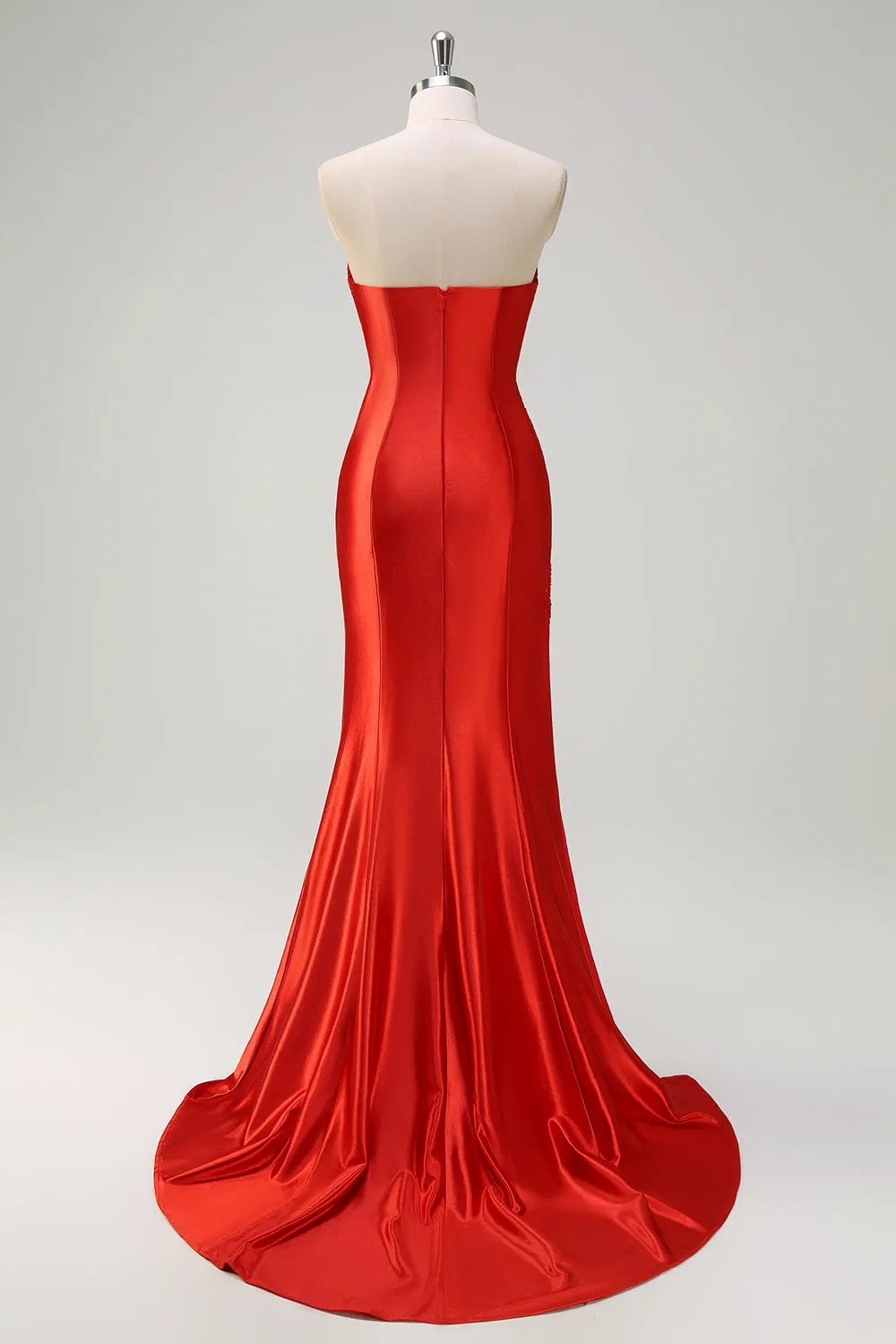 Red Mermaid Satin Strapless Pleated Sequin Long Prom Dress with Slit sold by Zapaka product image thumbnail 2