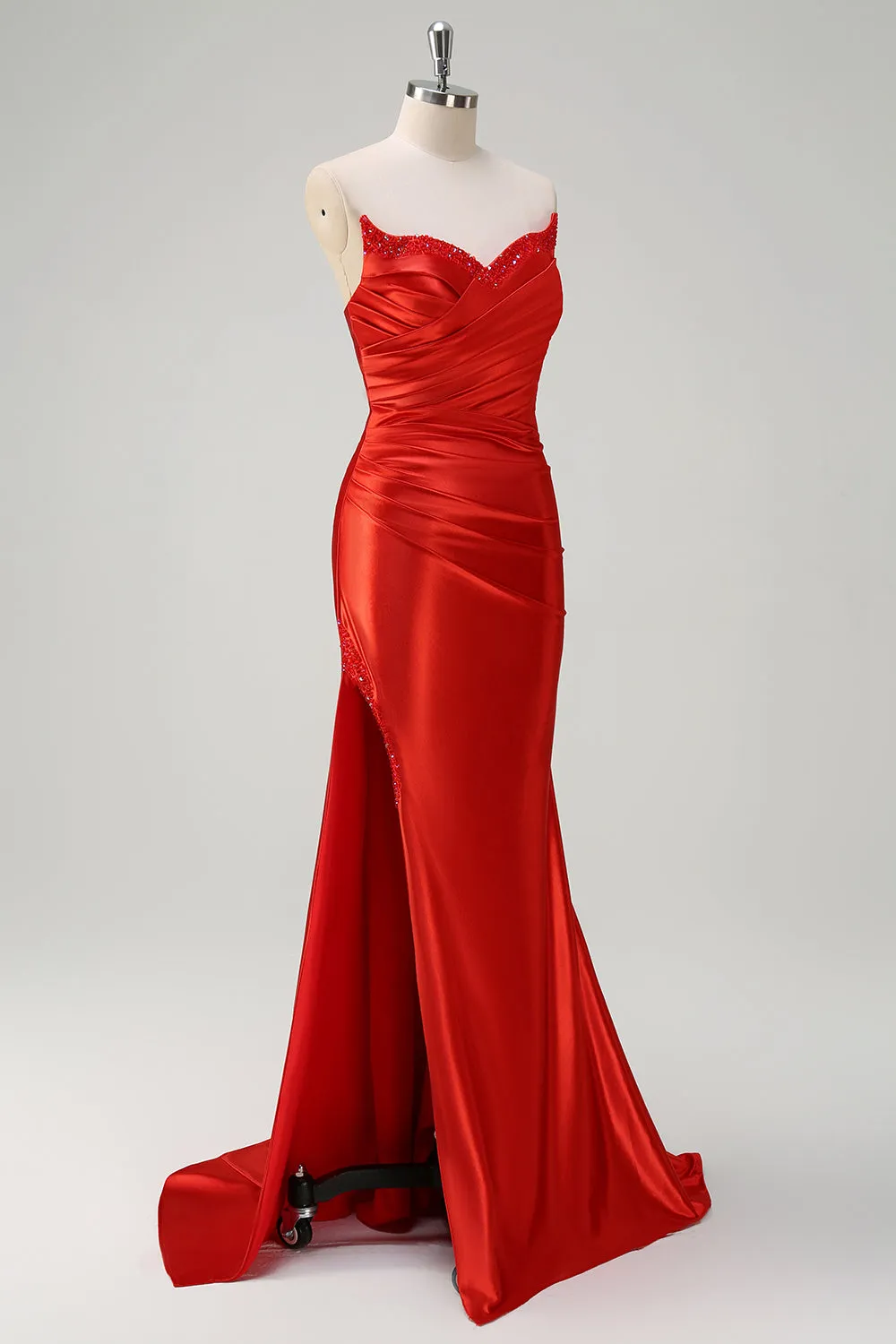 Red Mermaid Satin Strapless Pleated Sequin Long Prom Dress with Slit sold by Zapaka product image thumbnail 3