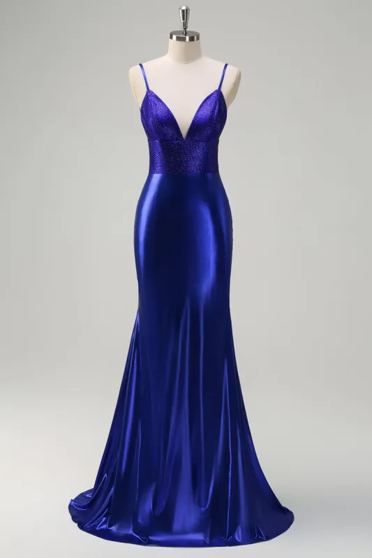Royal Blue Mermaid V-Neck Beaded Satin Prom Dress With Open Back sold by Zapaka