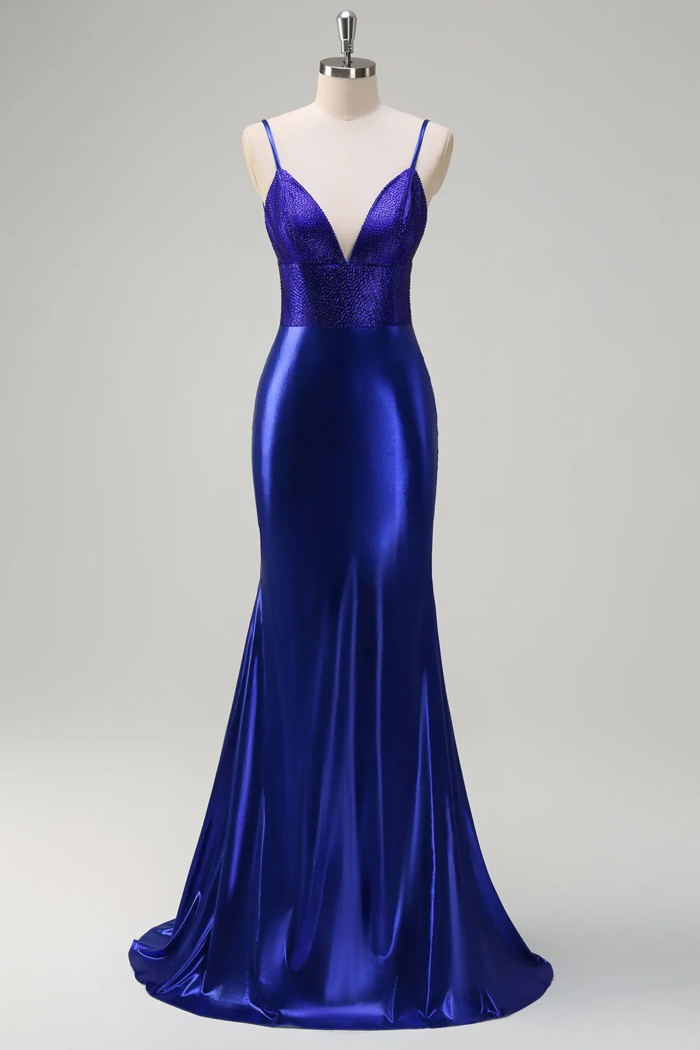 Royal Blue Mermaid V-Neck Beaded Satin Prom Dress With Open Back sold by Zapaka