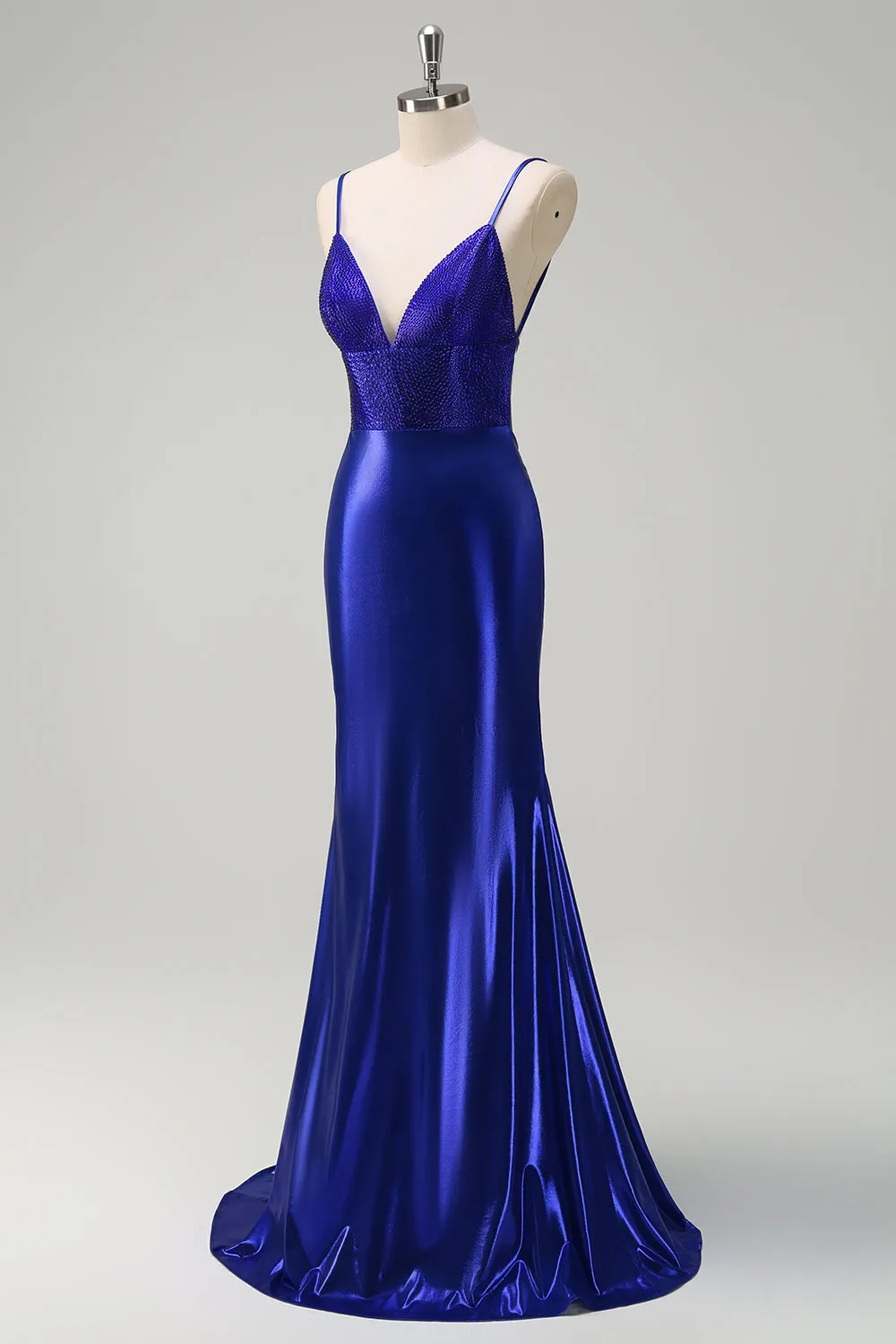 Royal Blue Mermaid V-Neck Beaded Satin Prom Dress With Open Back sold by Zapaka product image thumbnail 3