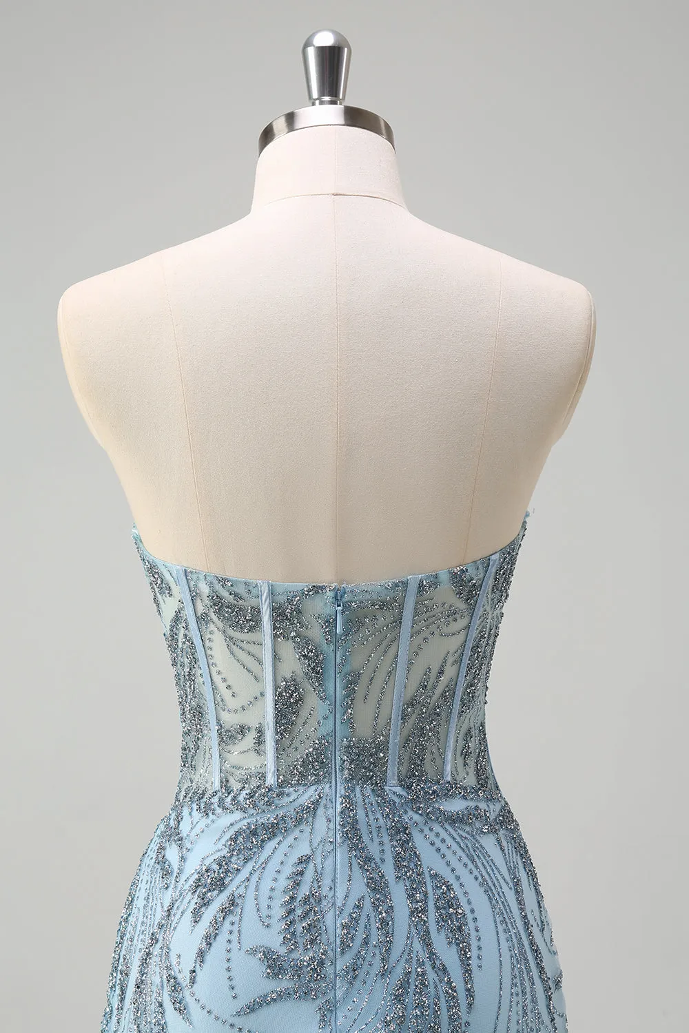 Sparkly Light Blue Mermaid Strapless Corset Long Beaded Prom Dress With Slit sold by Zapaka product image thumbnail 5
