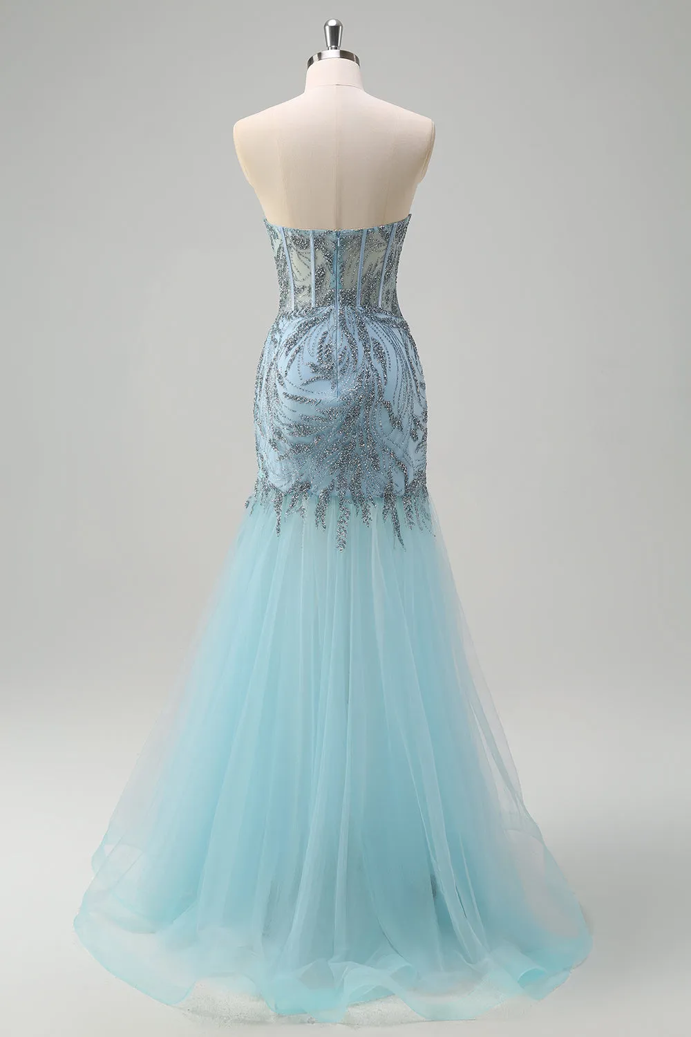 Sparkly Light Blue Mermaid Strapless Corset Long Beaded Prom Dress With Slit sold by Zapaka product image thumbnail 2