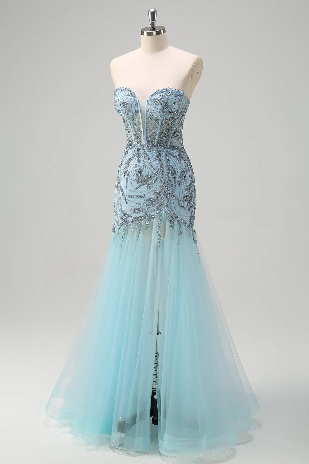 Sparkly Light Blue Mermaid Strapless Corset Long Beaded Prom Dress With Slit sold by Zapaka product image thumbnail 3